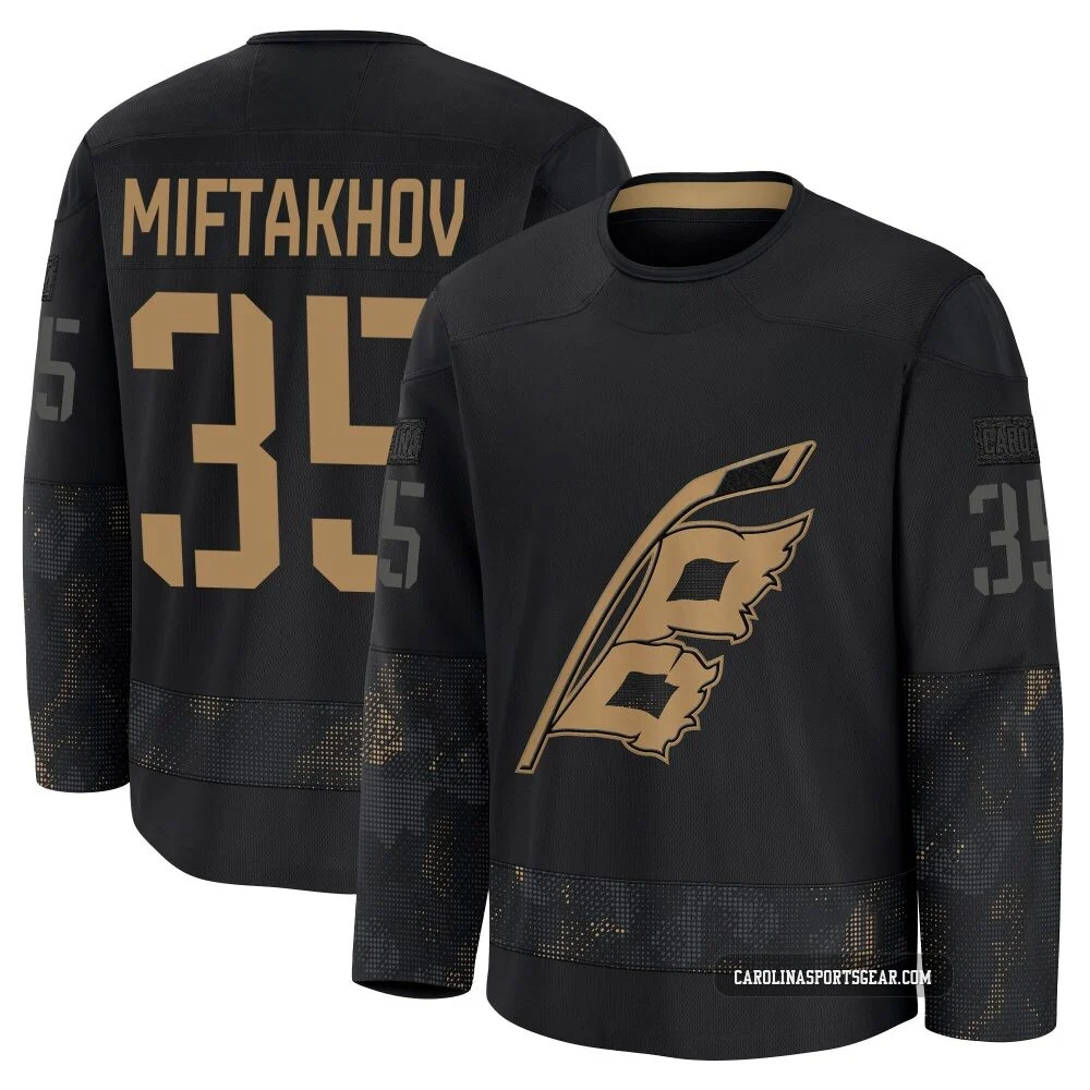 Men's Amir Miftakhov ＃35 Black Carolina Hurricanes 2024 Military Appreciation Practice Premium Jersey