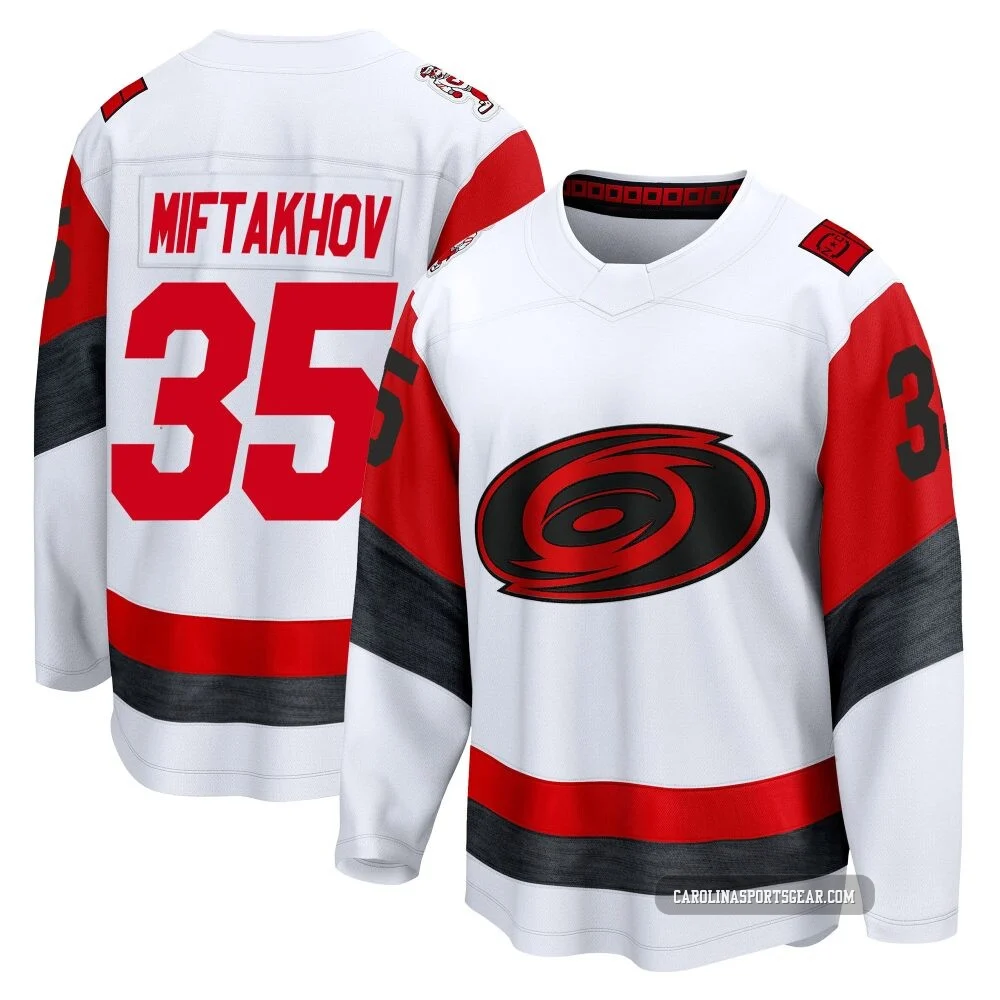 Men's Amir Miftakhov ＃35 White Carolina Hurricanes Breakaway Away 2025 Jersey