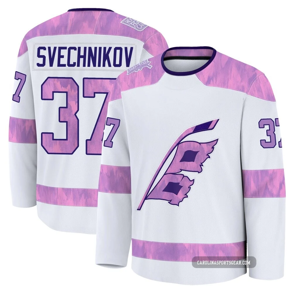 Men's Andrei Svechnikov ＃37 White Carolina Hurricanes 2024 Hockey Fights Cancer Practice Premium Jersey
