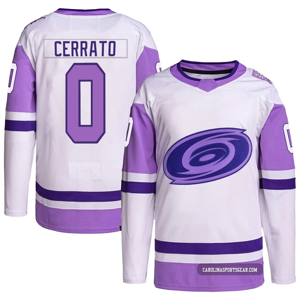Men's Charlie Cerrato ＃0 Authentic White/Purple Carolina Hurricanes Hockey Fights Cancer Primegreen Jersey