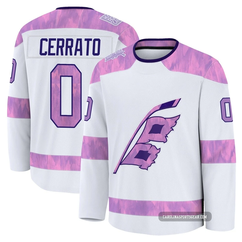 Men's Charlie Cerrato ＃0 White Carolina Hurricanes 2024 Hockey Fights Cancer Practice Premium Jersey