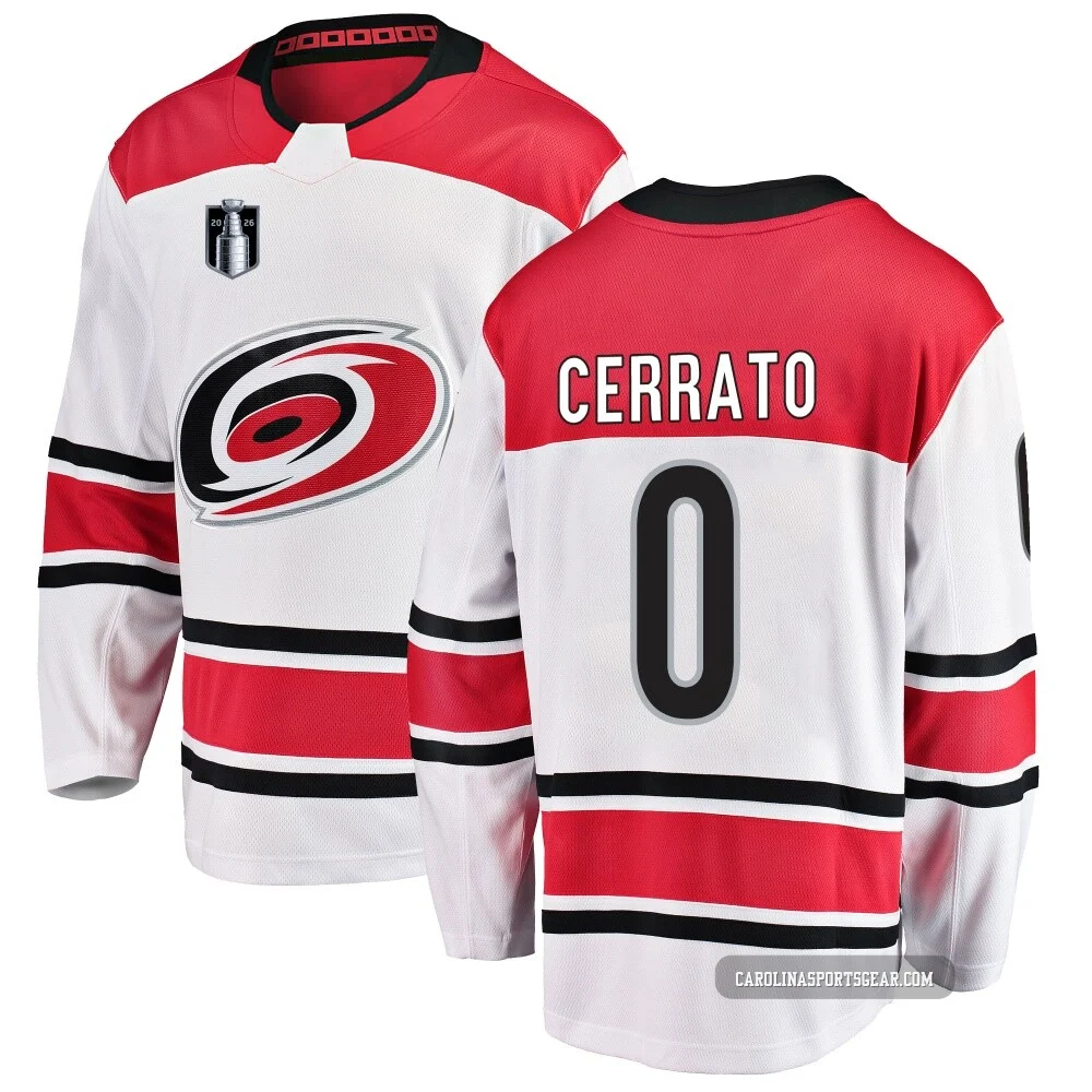 Men's Charlie Cerrato ＃0 White Carolina Hurricanes Breakaway Away 2026 Stanley Cup Final Jersey