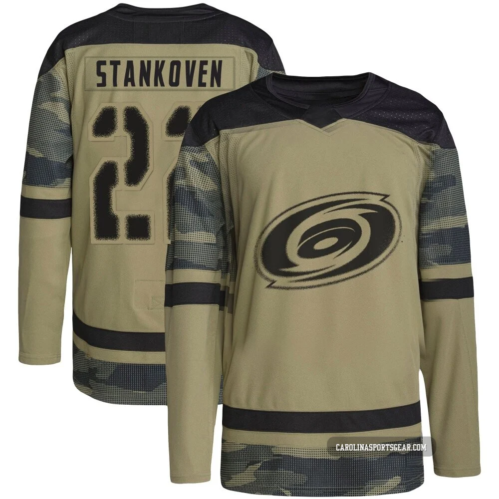 Men's Logan Stankoven ＃22 Authentic Camo Carolina Hurricanes Military Appreciation Practice Jersey