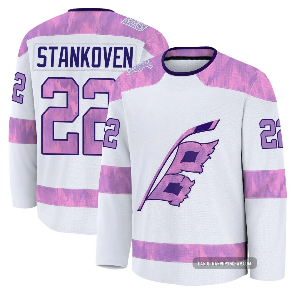 Men's Logan Stankoven ＃22 White Carolina Hurricanes 2024 Hockey Fights Cancer Practice Premium Jersey