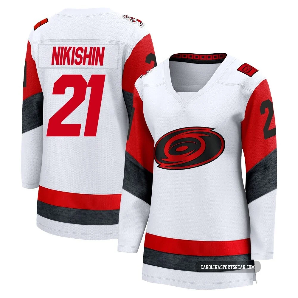 Women's Alexander Nikishin ＃21 White Carolina Hurricanes Breakaway Away 2025 Jersey