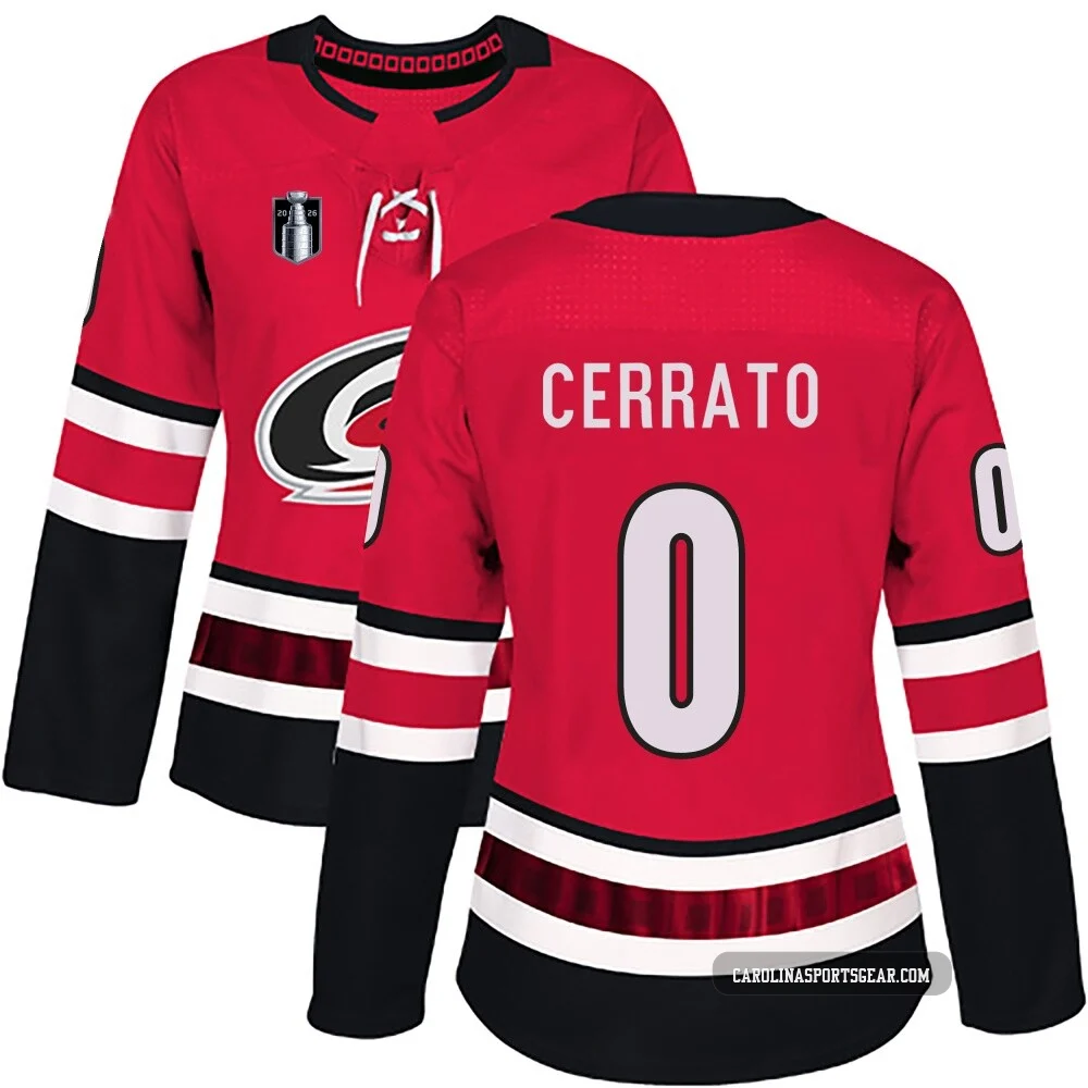 Women's Charlie Cerrato ＃0 Authentic Red Carolina Hurricanes Home 2026 Stanley Cup Final Jersey