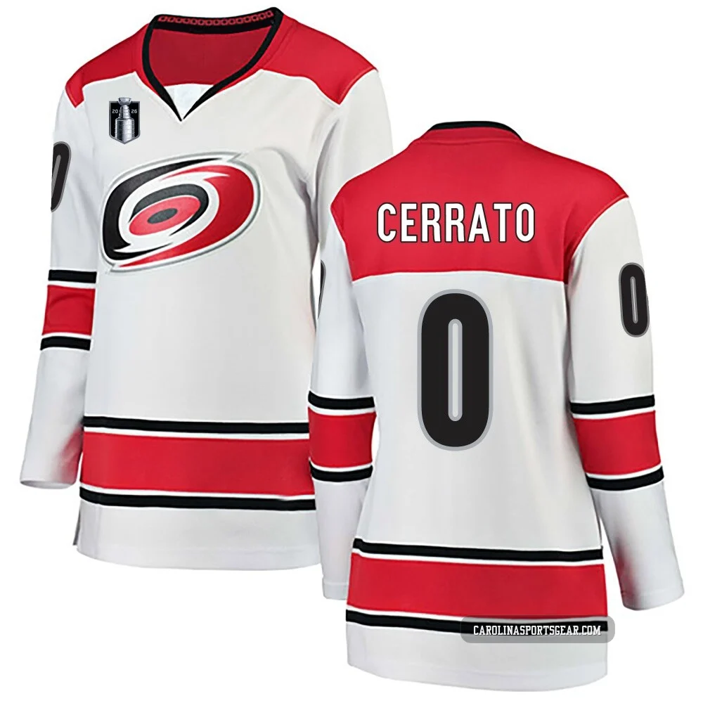 Women's Charlie Cerrato ＃0 White Carolina Hurricanes Breakaway Away 2026 Stanley Cup Final Jersey
