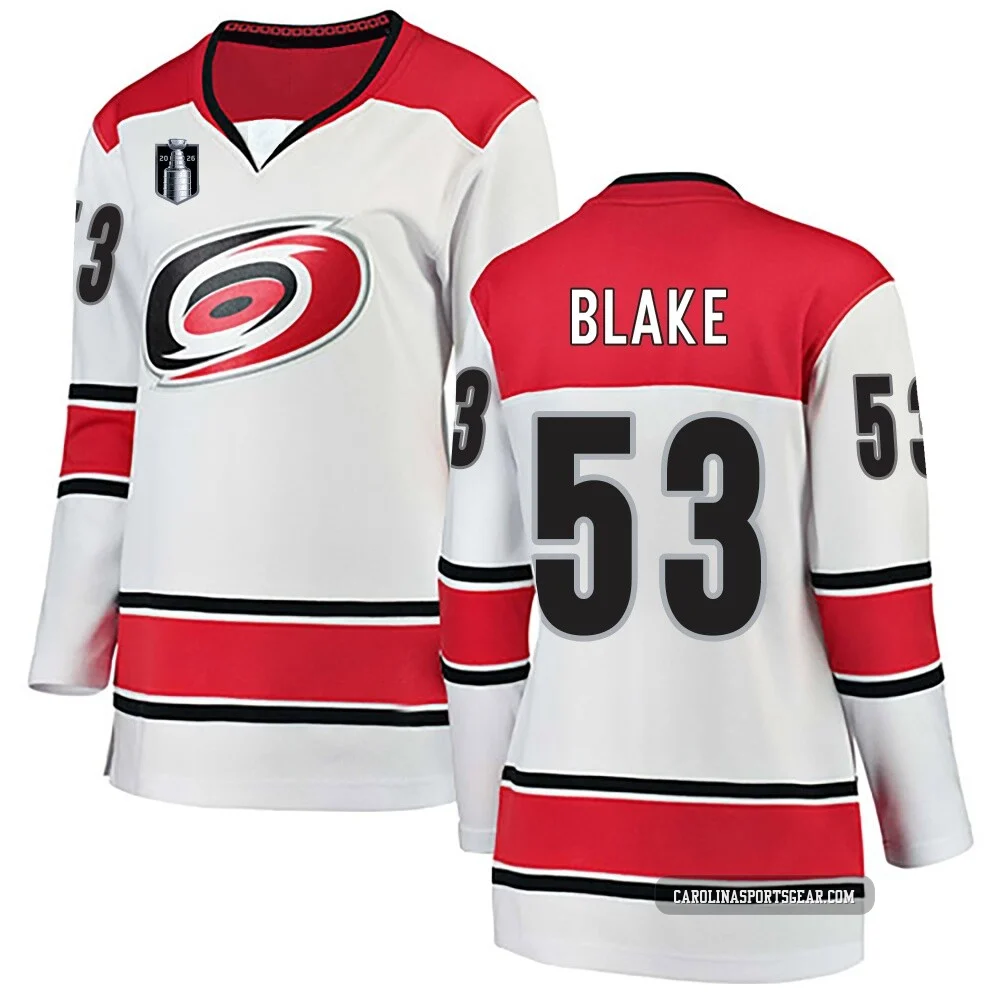 Women's Jackson Blake ＃53 White Carolina Hurricanes Breakaway Away 2026 Stanley Cup Final Jersey