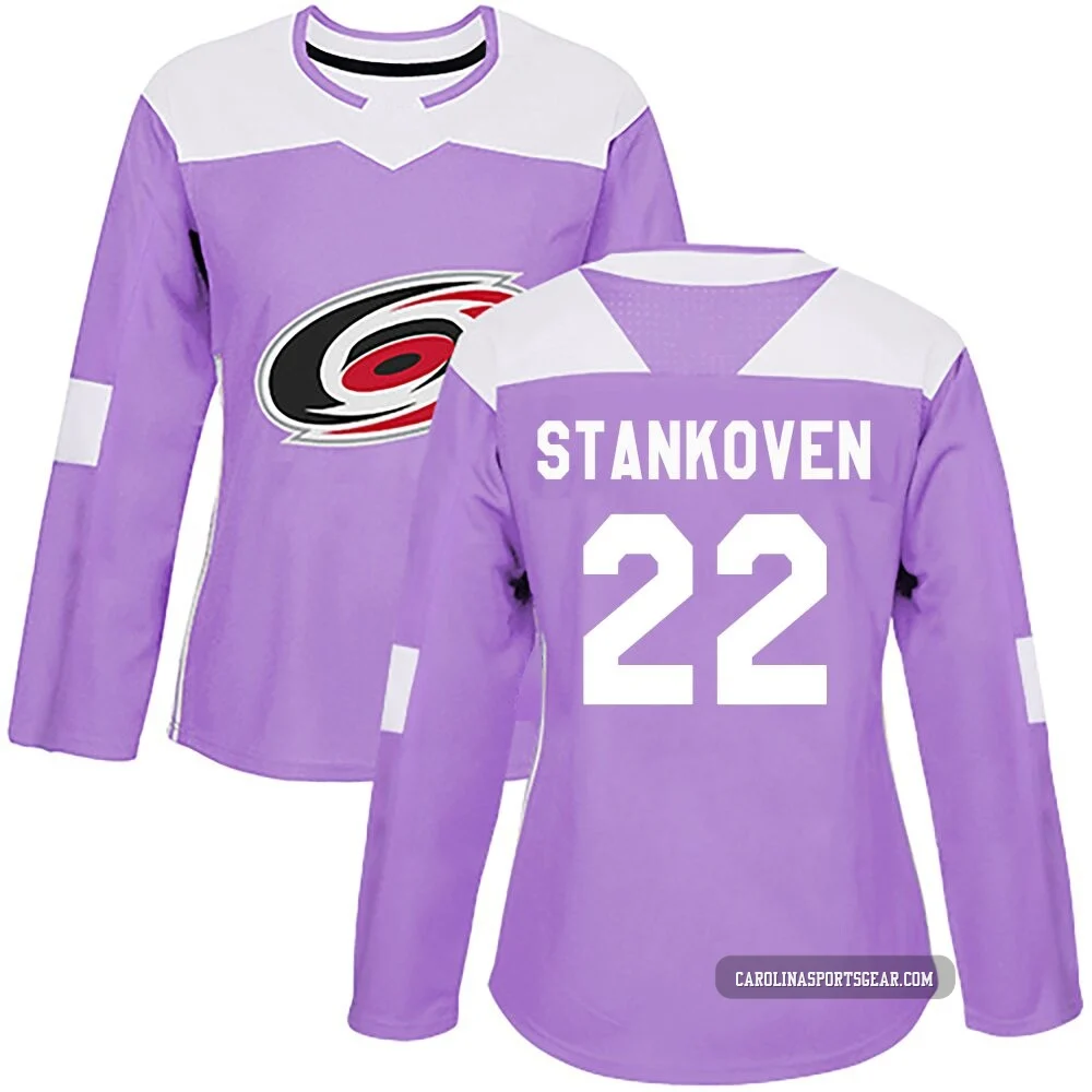 Women's Logan Stankoven ＃22 Authentic Purple Carolina Hurricanes Fights Cancer Practice Jersey
