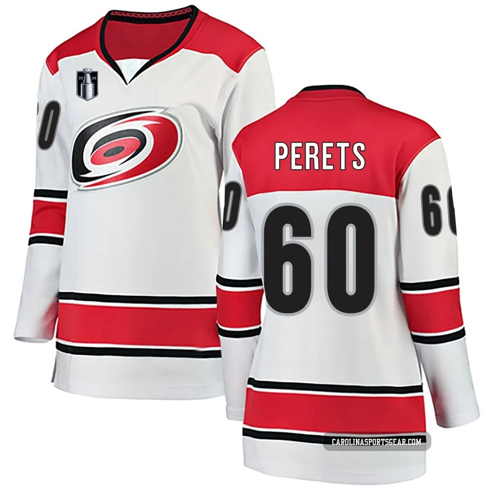 Women's Yaniv Perets ＃60 White Carolina Hurricanes Breakaway Away 2026 Stanley Cup Final Jersey