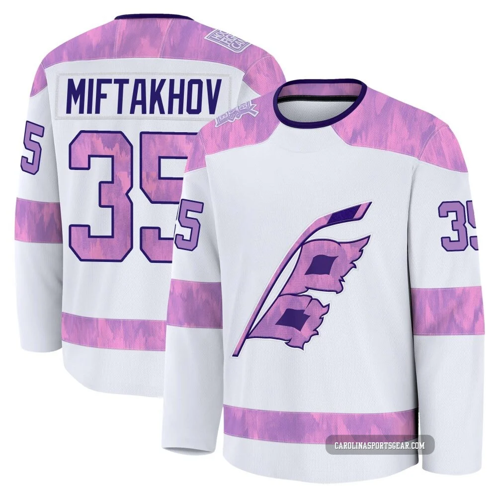 Youth Amir Miftakhov ＃35 White Carolina Hurricanes 2024 Hockey Fights Cancer Practice Premium Jersey