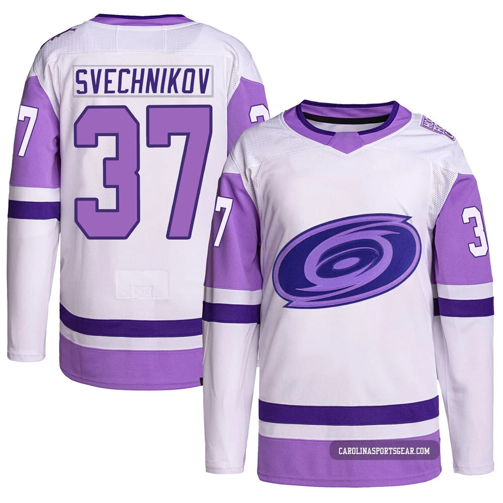 Youth Andrei Svechnikov ＃37 Authentic White/Purple Carolina Hurricanes Hockey Fights Cancer Primegreen Jersey