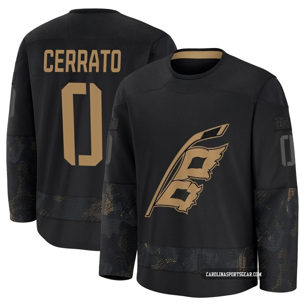 Youth Charlie Cerrato ＃0 Black Carolina Hurricanes 2024 Military Appreciation Practice Premium Jersey