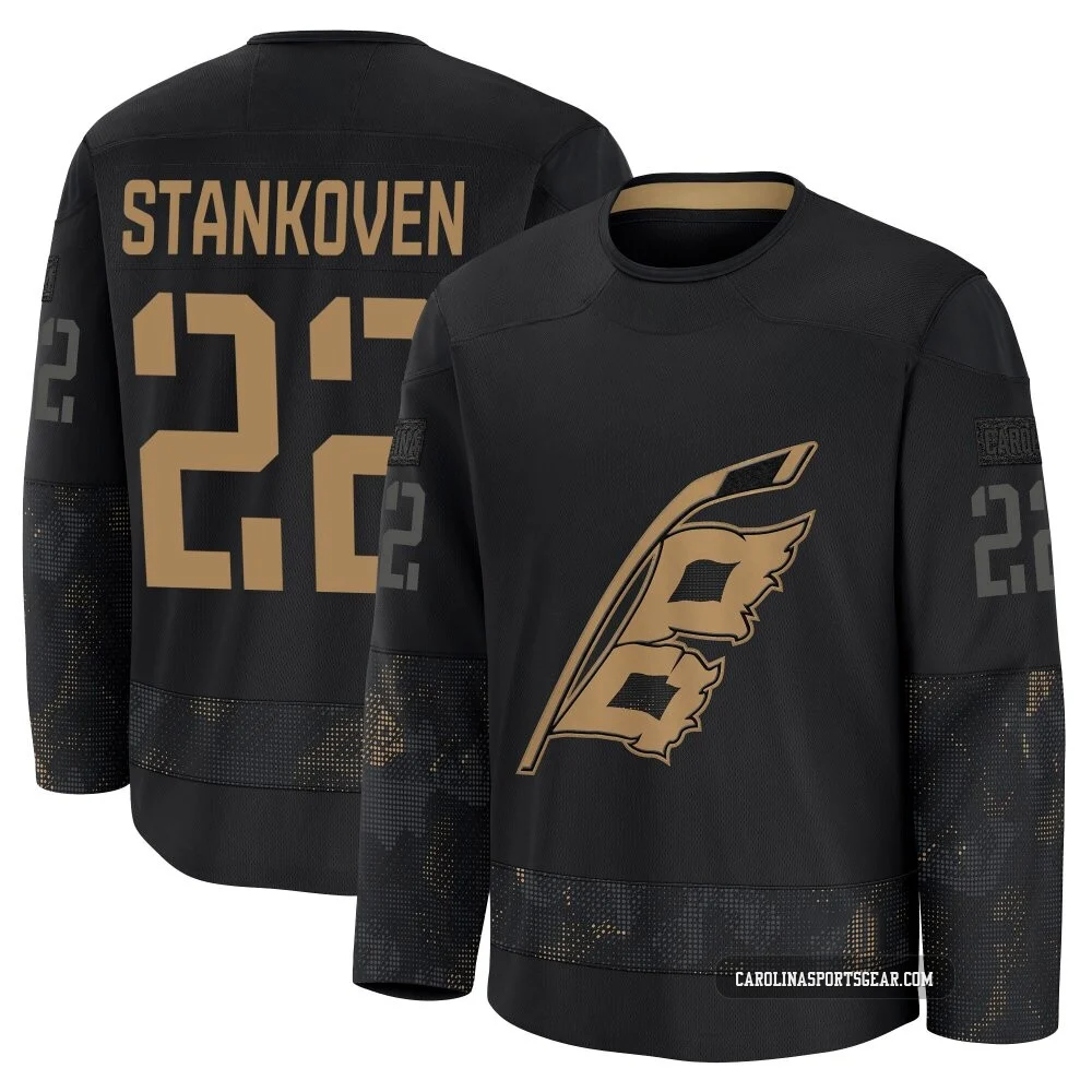 Youth Logan Stankoven ＃22 Black Carolina Hurricanes 2024 Military Appreciation Practice Premium Jersey
